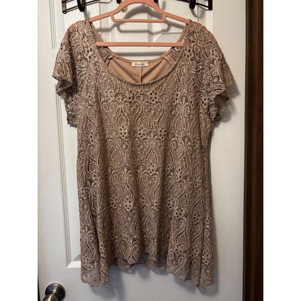 Brittany Black Sequin Lace Short Sleeve Blouse Champagne Taupe Evening‎ Top